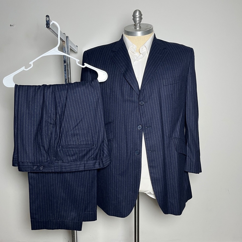 Custom Railor  Suit Mens 46R 39W Blue Pinstripe Italian Super 150s Wool 3-Button